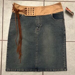 Vintage Y2K Denim Skirt Boho Suede Fringe Tassel Belt NWT
